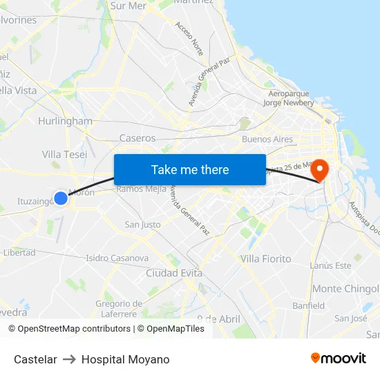 Castelar to Hospital Moyano map