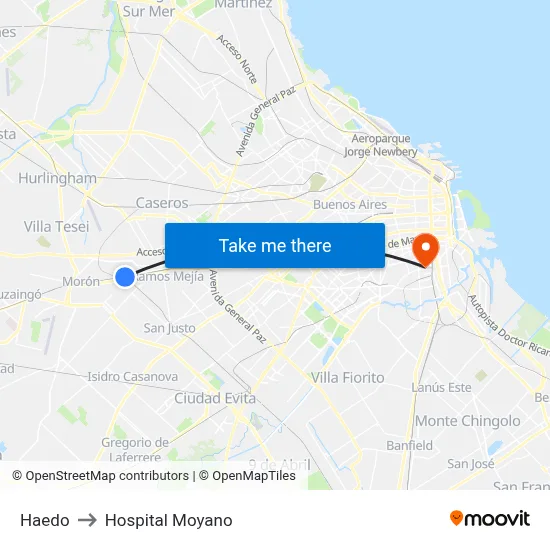 Haedo to Hospital Moyano map