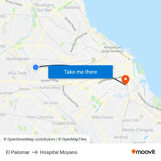 El Palomar to Hospital Moyano map