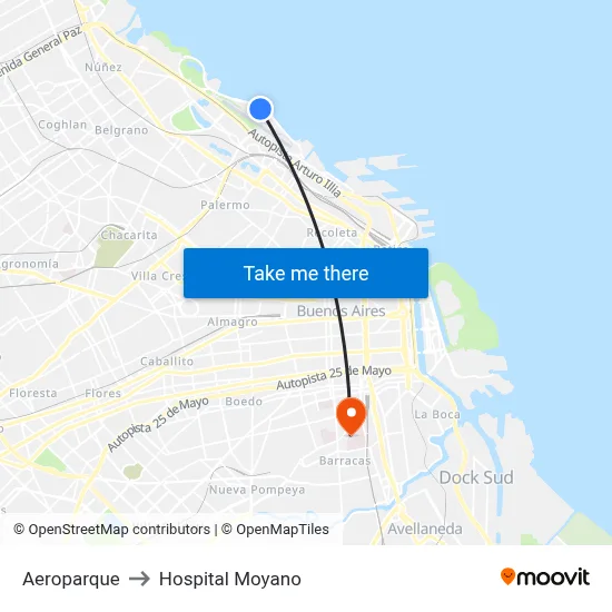 Aeroparque to Hospital Moyano map