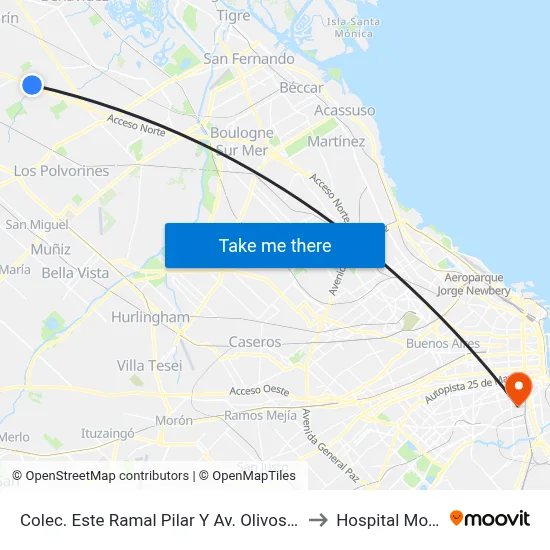 Colec. Este Ramal Pilar Y Av. Olivos - Car One to Hospital Moyano map