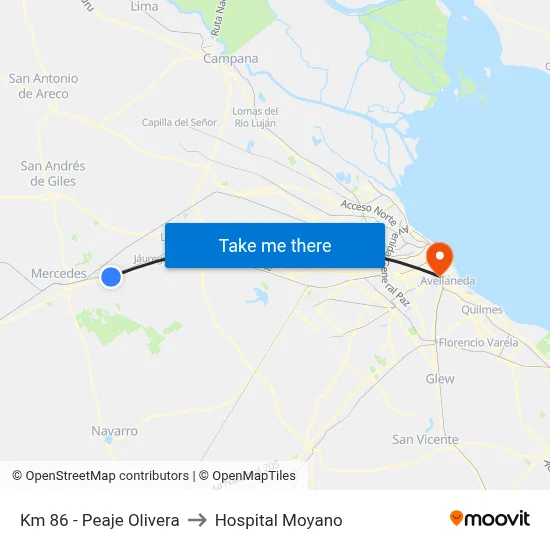 Km 86 - Peaje Olivera to Hospital Moyano map