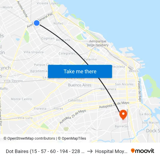 Dot Baires (15 - 57 - 60 - 194 - 228 - 365) to Hospital Moyano map