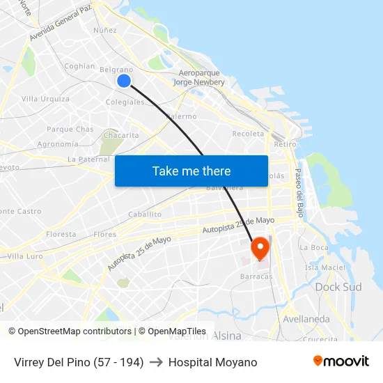 Virrey Del Pino (57 - 194) to Hospital Moyano map