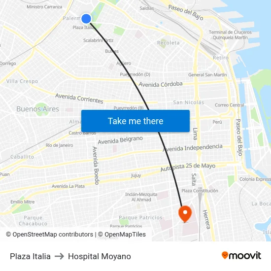 Plaza Italia to Hospital Moyano map