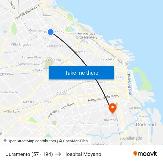 Juramento (57 - 194) to Hospital Moyano map