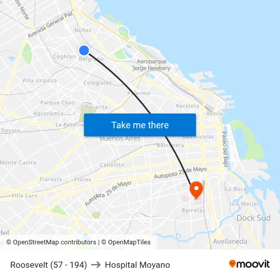 Roosevelt (57 - 194) to Hospital Moyano map