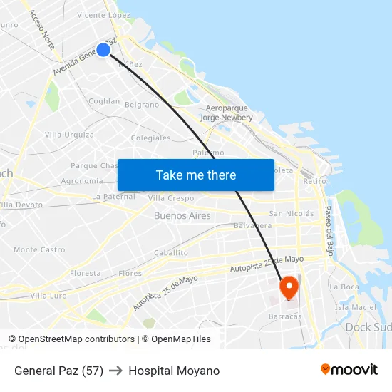 General Paz (57) to Hospital Moyano map