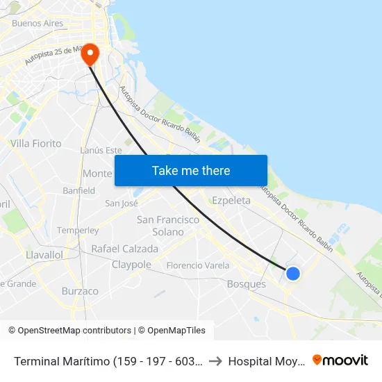 Terminal Marítimo (159 - 197 - 603 - 619) to Hospital Moyano map