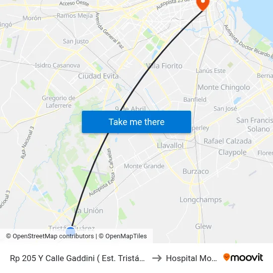 Rp 205 Y Calle Gaddini ( Est. Tristán Suárez) to Hospital Moyano map