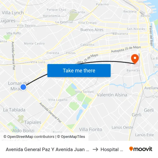 Avenida General Paz Y Avenida Juan Manuel De Rosas to Hospital Moyano map