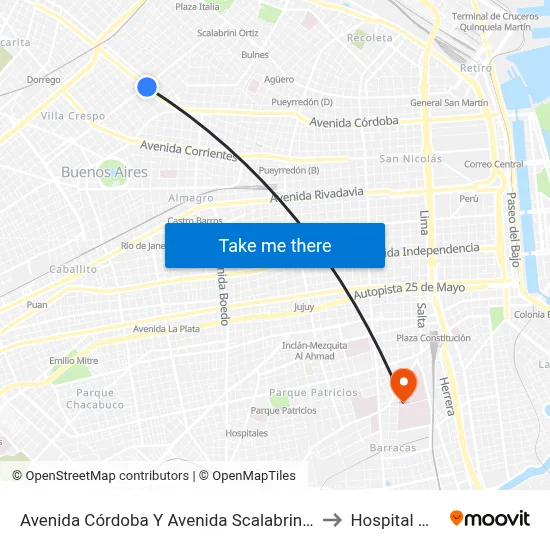 Avenida Córdoba Y Avenida Scalabrini Ortiz (151 - 168) to Hospital Moyano map