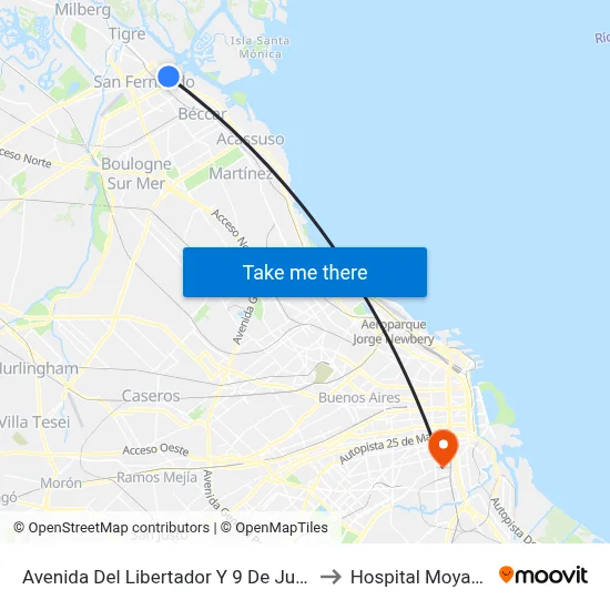 Avenida Del Libertador Y 9 De Julio to Hospital Moyano map