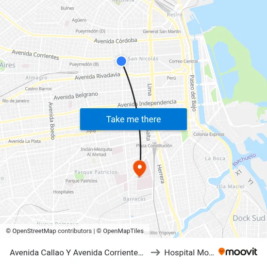 Avenida Callao Y Avenida Corrientes (60 - 150) to Hospital Moyano map
