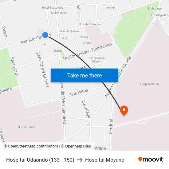 Hospital Udaondo (133 - 150) to Hospital Moyano map