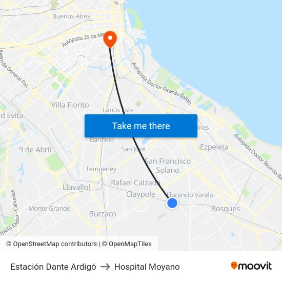Estación Dante Ardigó to Hospital Moyano map