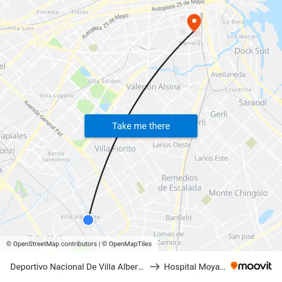 Deportivo Nacional De Villa Albertina to Hospital Moyano map