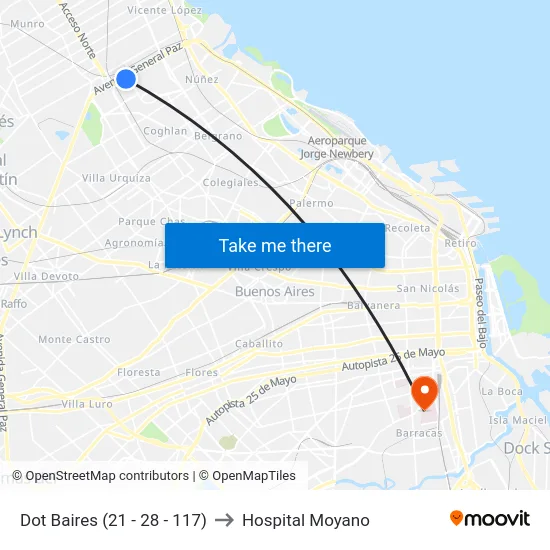 Dot Baires (21 - 28 - 117) to Hospital Moyano map