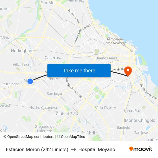 Estación Morón (242 Liniers) to Hospital Moyano map