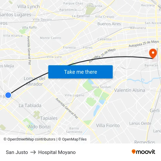 San Justo to Hospital Moyano map