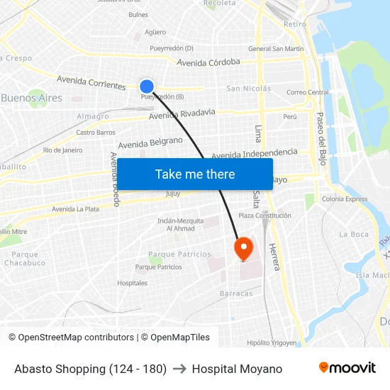 Abasto Shopping (124 - 180) to Hospital Moyano map