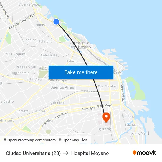 Ciudad Universitaria (28) to Hospital Moyano map
