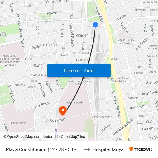 Plaza Constitución (12 - 28 - 53 - 102) to Hospital Moyano map
