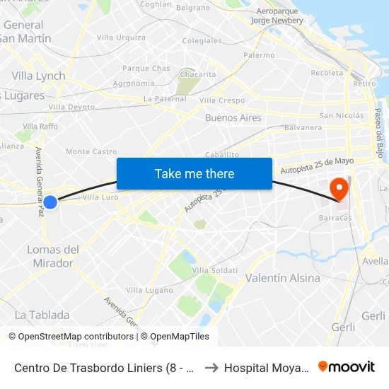 Centro De Trasbordo Liniers (8 - 47) to Hospital Moyano map