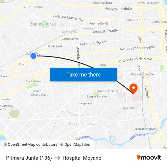 Primera Junta (136) to Hospital Moyano map
