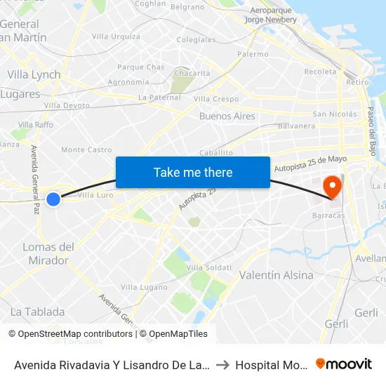 Avenida Rivadavia Y Lisandro De La Torre (8) to Hospital Moyano map
