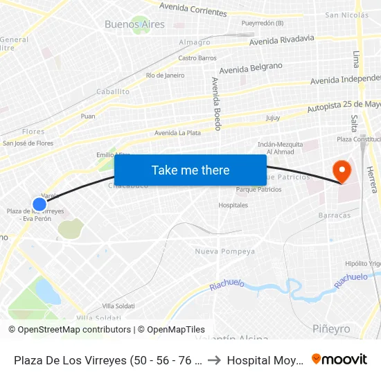 Plaza De Los Virreyes (50 - 56 - 76 - 101) to Hospital Moyano map