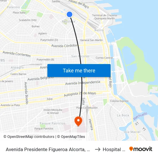 Avenida Presidente Figueroa Alcorta, 2200 (Fac. De Derecho) to Hospital Moyano map