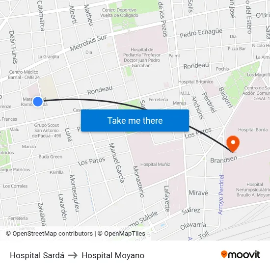 Hospital Sardá to Hospital Moyano map