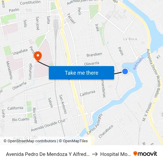Avenida Pedro De Mendoza Y Alfredo Palacios to Hospital Moyano map