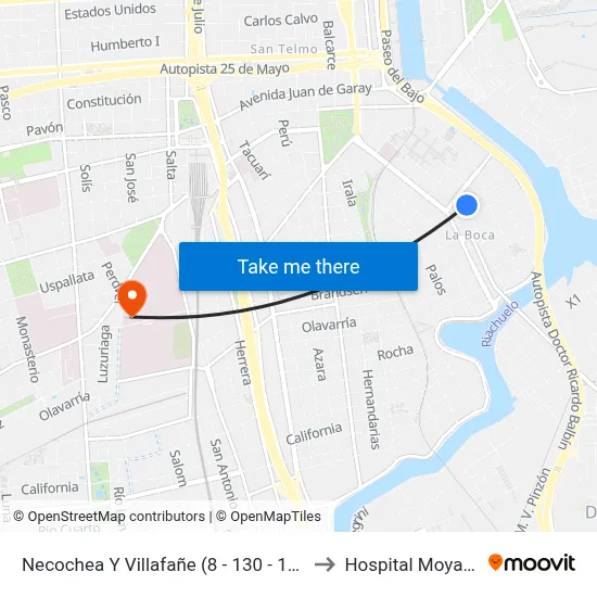 Necochea Y Villafañe (8 - 130 - 168) to Hospital Moyano map