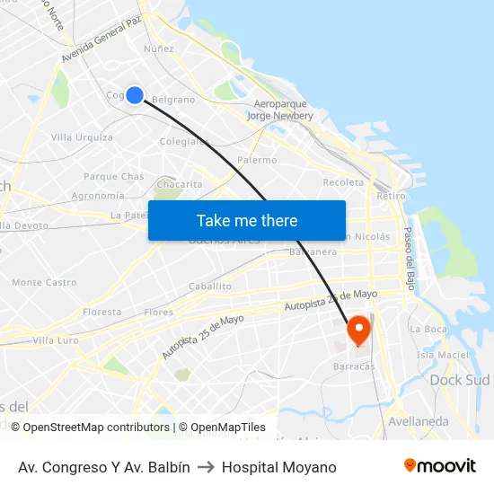 Av. Congreso Y Av. Balbín to Hospital Moyano map