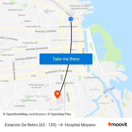 Estación De Retiro (62 - 130) to Hospital Moyano map