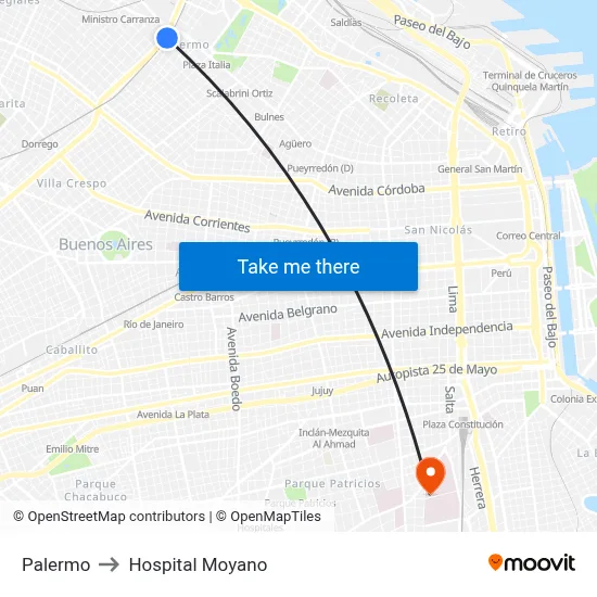 Palermo to Hospital Moyano map
