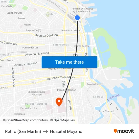Retiro (San Martín) to Hospital Moyano map