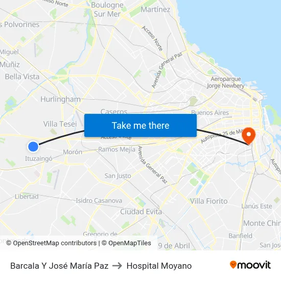 Barcala Y José María Paz to Hospital Moyano map