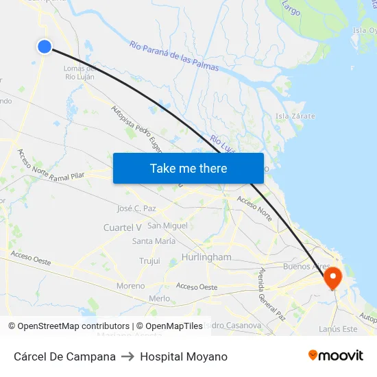 Cárcel De Campana to Hospital Moyano map