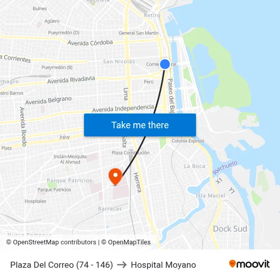 Plaza Del Correo (74 - 146) to Hospital Moyano map