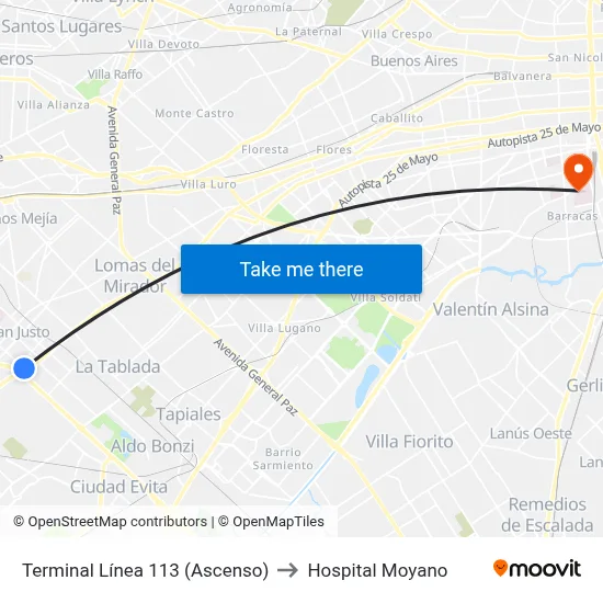 Terminal Línea 113 (Ascenso) to Hospital Moyano map
