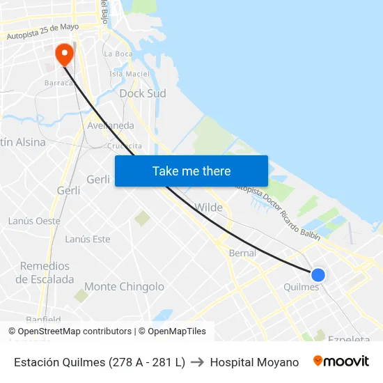 Estación Quilmes (278 A - 281 L) to Hospital Moyano map