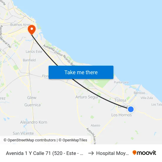 Avenida 1 Y Calle 71 (520 - Este - Oeste) to Hospital Moyano map