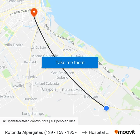 Rotonda Alpargatas (129 - 159 - 195 - 197 - 219 - 619) to Hospital Moyano map