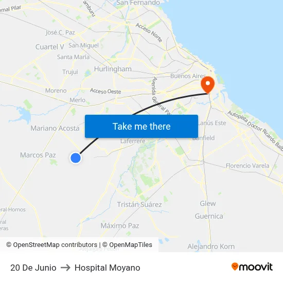 20 De Junio to Hospital Moyano map
