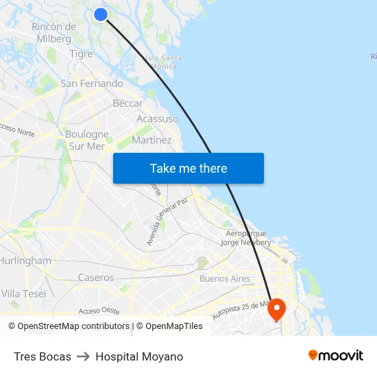 Tres Bocas to Hospital Moyano map