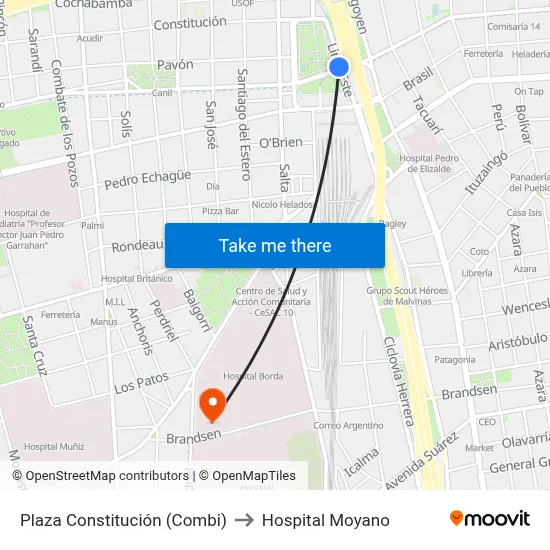 Plaza Constitución (Combi) to Hospital Moyano map