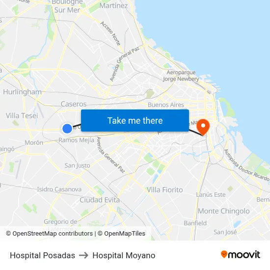 Hospital Posadas to Hospital Moyano map